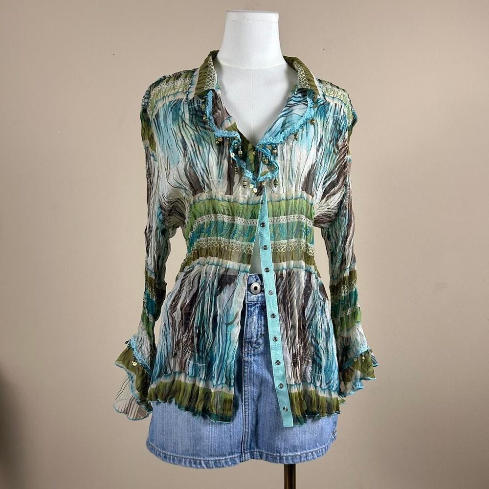 Dressbarn Fairy Mermad Y2K Ruffle Beaded Blouse